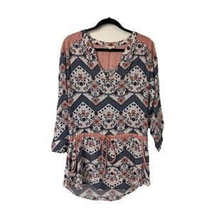 En Elly Floral Long Sleeve Drawstring Tunic Top Dress Cover Up Sz M